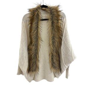Grace & Lace Ivory Wool-Blend Cocoon Cardigan Sweater Faux Fur Trim One Size‎